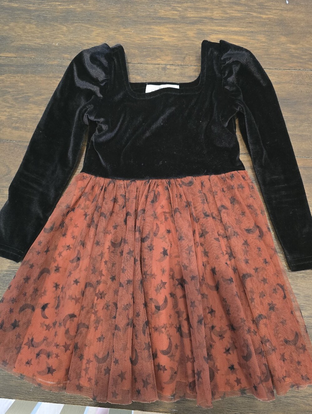 Girls Black Velvet Halloween Dress with Orange Star & Moon Tulle Skirt
